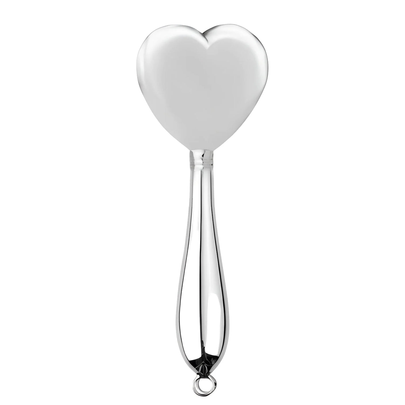 Babyrassel 925 Silber Herz: Stielrassel mit plastischem Herz-Kugelkopf, schlankem Stiel mit gegabelten Schenkeln und Ring.