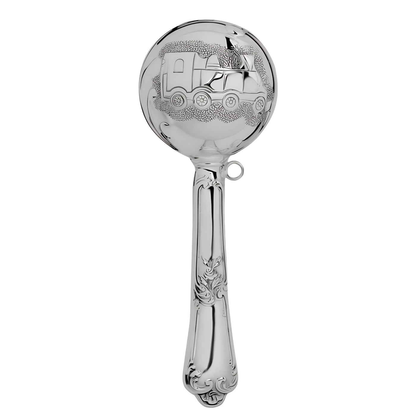 Babyrassel Silber 925 mit Zug-Motiv in Kugelform – Edles Babygeschenk mit Gravur-Option zur Geburt & Taufe.