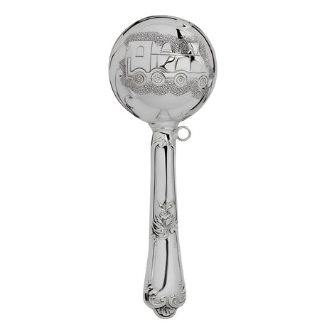 Babyrassel Silber 925 mit Zug-Motiv in Kugelform – Edles Babygeschenk mit Gravur-Option zur Geburt & Taufe.