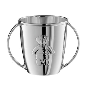 Babytasse 925 Silber Bär — zwei geschwungene Bügel-Henkel, gekleideter Bär als Relief, italienisches Silberhandwerk von ZARAMELLA, hochglanzpoliert.