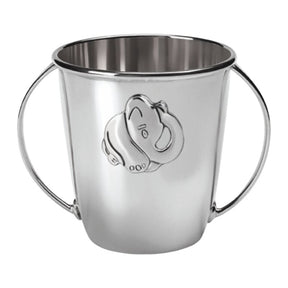 Babytasse 925 Silber Elefant — zwei Bügel-Henkel, stilisierter Elefant als freies Relief, italienisches Silberhandwerk von ZARAMELLA, hochglanzpoliert.
