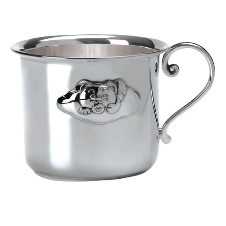 Kinderbecher 925 Silber Bär — zylindrischer Taufbecher mit Volutenhenkel und Bären-Kopf im wolkenförmigen Medaillon