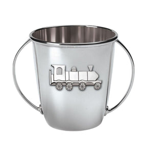 Babytasse 925 Silber Zug — zwei Bügel-Henkel, klassische Dampflokomotive als Relief mit Kessel und vier Rädern, italienisches Silberhandwerk von ZARAMELLA.