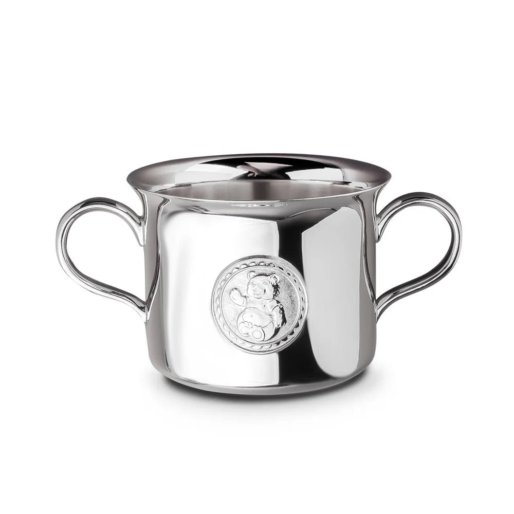 Babytasse 925 Silber Teddybär — Silbertasse mit zwei Henkeln und Teddybär-Medaillon im Perlrand