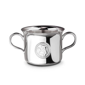 Babytasse 925 Silber Teddybär — Silbertasse mit zwei Henkeln und Teddybär-Medaillon im Perlrand