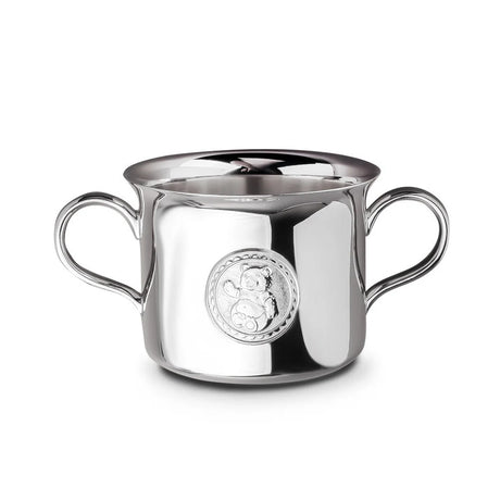 Babytasse 925 Silber Teddybär — Silbertasse mit zwei Henkeln und Teddybär-Medaillon im Perlrand