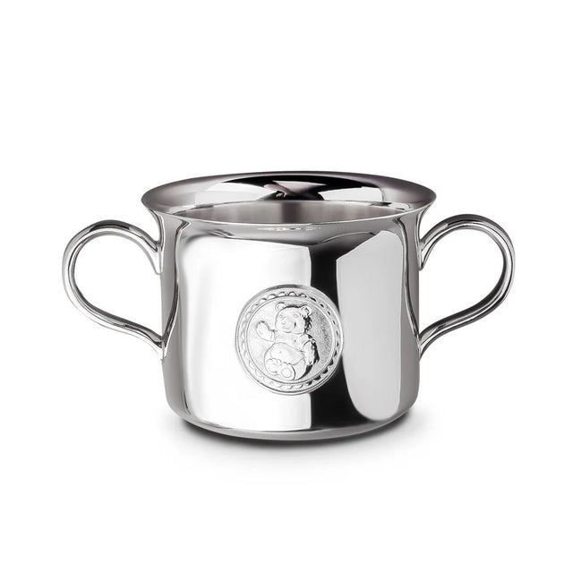 Babytasse 925 Silber Teddybär — Silbertasse mit zwei Henkeln und Teddybär-Medaillon im Perlrand