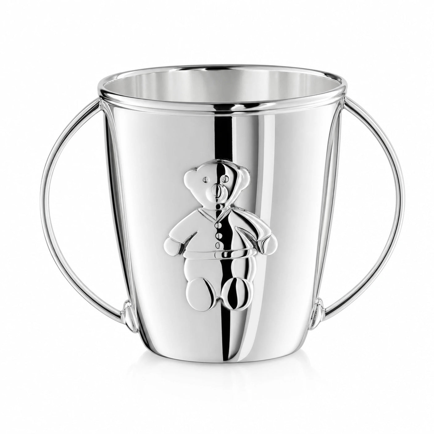 Babytasse 925 Silber Bär — Silbertasse mit zwei Bügel-Henkeln und stehendem Bären als Relief auf der Vorderseite