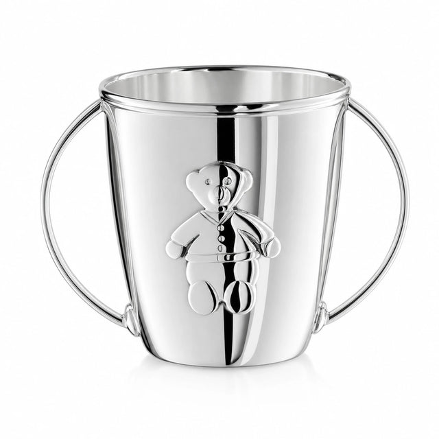 Babytasse 925 Silber Bär — Silbertasse mit zwei Bügel-Henkeln und stehendem Bären als Relief auf der Vorderseite