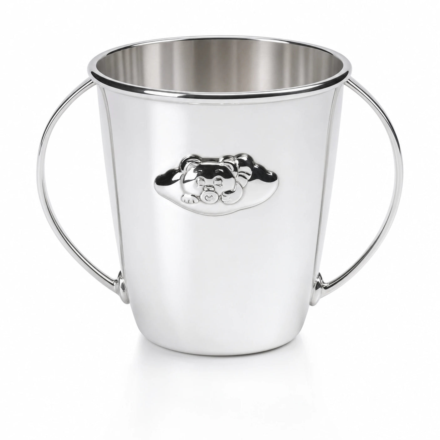 Babytasse 925 Silber Teddybär — Silbertasse mit zwei Bügel-Henkeln und Teddy-Kopf im wolkenförmigen Medaillon
