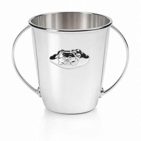 Babytasse 925 Silber Teddybär — Silbertasse mit zwei Bügel-Henkeln und Teddy-Kopf im wolkenförmigen Medaillon