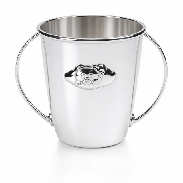 Babytasse 925 Silber Teddybär — Silbertasse mit zwei Bügel-Henkeln und Teddy-Kopf im wolkenförmigen Medaillon