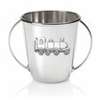 Babytasse 925 Silber Zug — Silbertasse mit zwei Bügel-Henkeln und Dampflokomotive als Relief auf der Vorderseite