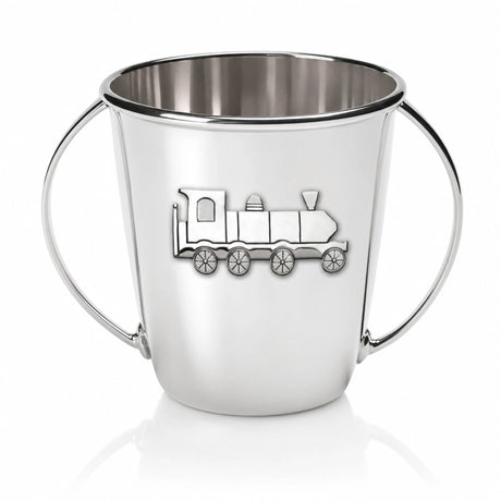 Babytasse 925 Silber Zug — Silbertasse mit zwei Bügel-Henkeln und Dampflokomotive als Relief auf der Vorderseite