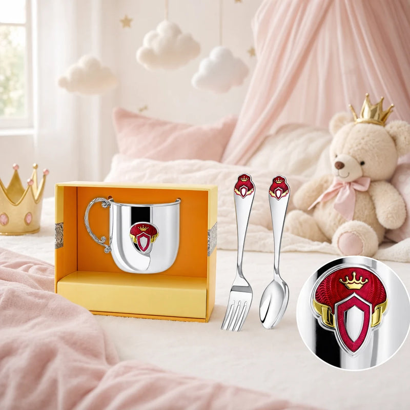 Kinderbecher, Löffel und Gabel aus 925 Silber mit Prinzessin-Wappen — Königliche Kindheit, Taufe für Mädchen