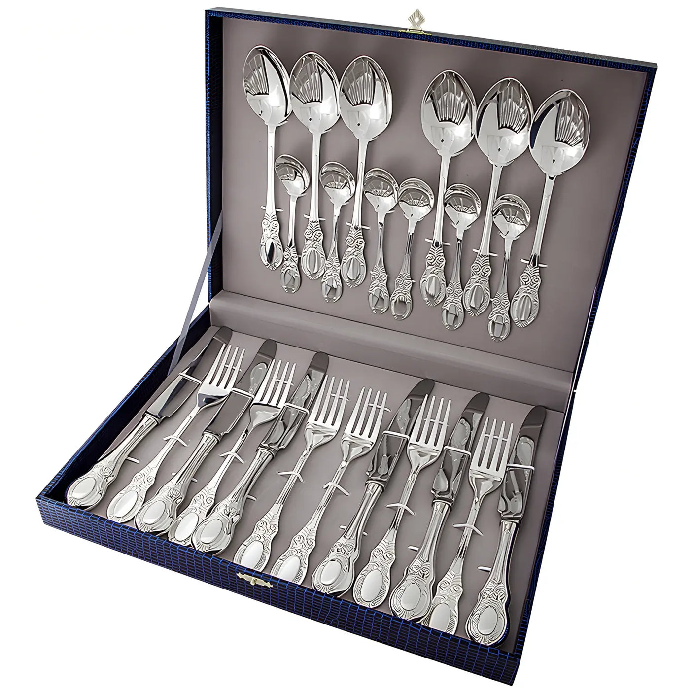 Besteckset 24-teilig Silber 925 Merchant Kollektion mit Ornamenten in blauer Präsentationsbox.