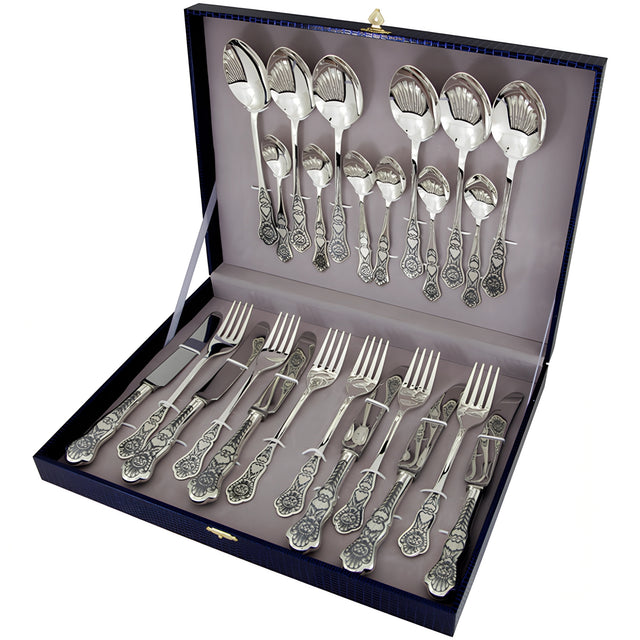 24-teiliges Besteckset aus 925 Sterling Silber mit Niello-Gravur in exklusiver Box.