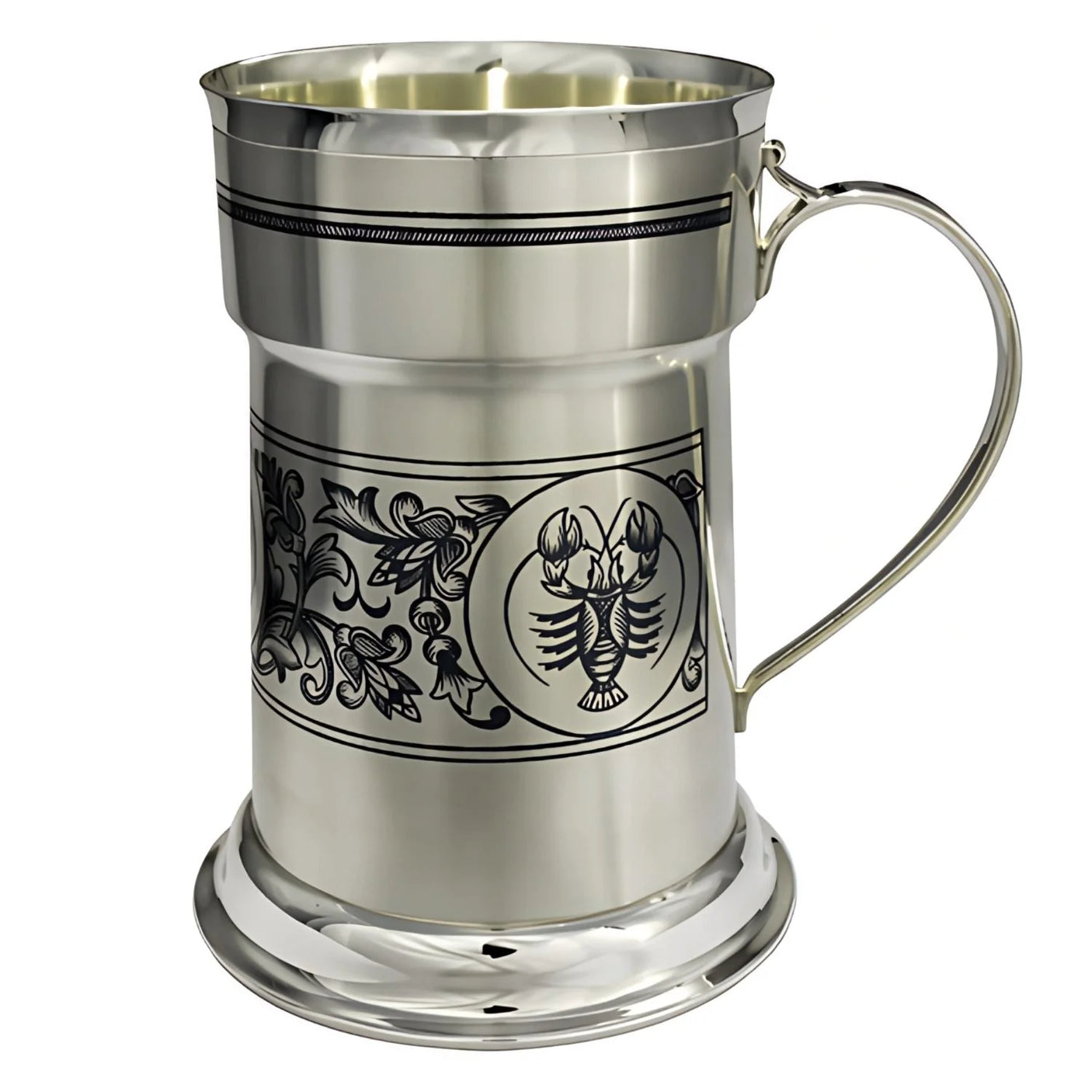 Bierkrug 925 Silber Niello — dunkles Ranken-Ornament mit Krebs-Medaillon und Henkel, Sternzeichen-Geschenk