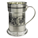 Bierkrug 925 Silber Niello — dunkles Ranken-Ornament mit Krebs-Medaillon und Henkel, Sternzeichen-Geschenk