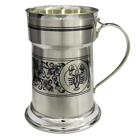 Bierkrug 925 Silber Niello — dunkles Ranken-Ornament mit Krebs-Medaillon und Henkel, Sternzeichen-Geschenk