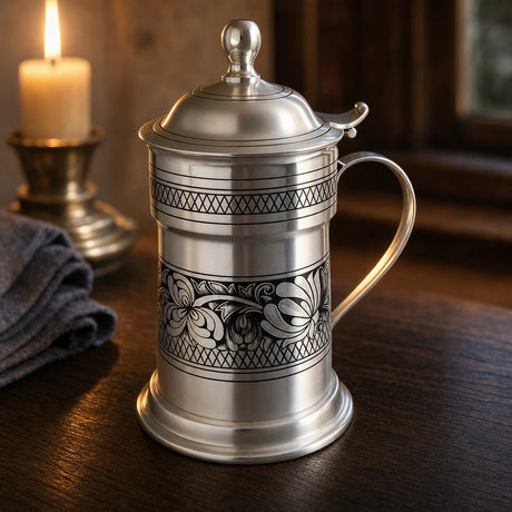 Bierkrug mit Deckel aus 925 Silber mit Niello-Blütenband auf dunklem Eichentisch bei Kerzenlicht — Lifestyle