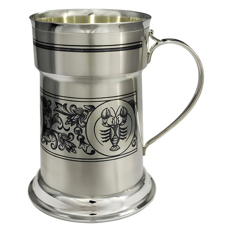 Bierkrug 925 Silber Niello Krebs — Silberkrug mit Henkel, dunklem Krebs-Medaillon, Floralband und vergoldetem Innenraum