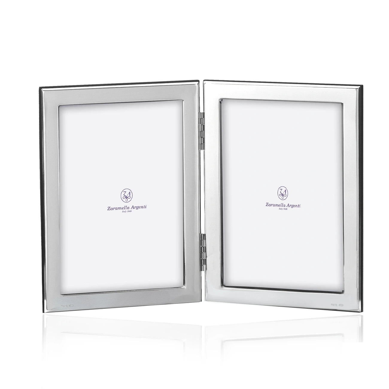 Doppelrahmen 925 Silber King & Queen Zaramella — zwei flache Silberrahmen über Scharnier verbunden, je Foto 10×15 cm, gravierbar, Freisteller