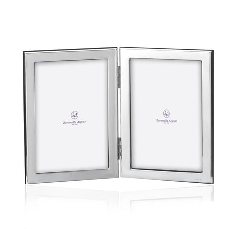 Doppelrahmen 925 Silber King & Queen Zaramella — zwei flache Silberrahmen über Scharnier verbunden, je Foto 10×15 cm, gravierbar, Freisteller