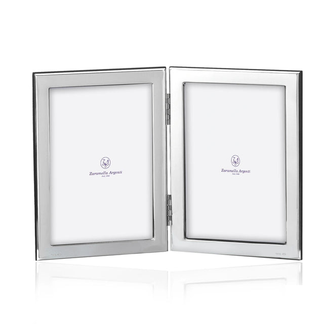 Doppelrahmen 925 Silber King & Queen Zaramella — zwei flache Silberrahmen über Scharnier verbunden, je Foto 13×18 cm, gravierbar, Freisteller