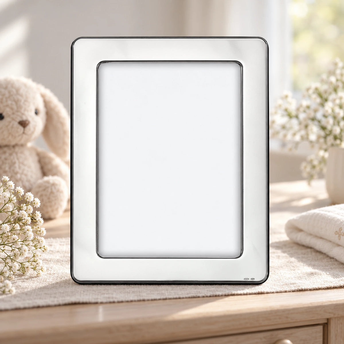 Bilderrahmen 925 Silber Modell Lyon, 13×18 cm — Lifestyle-Setting, Geschenk zur Taufe