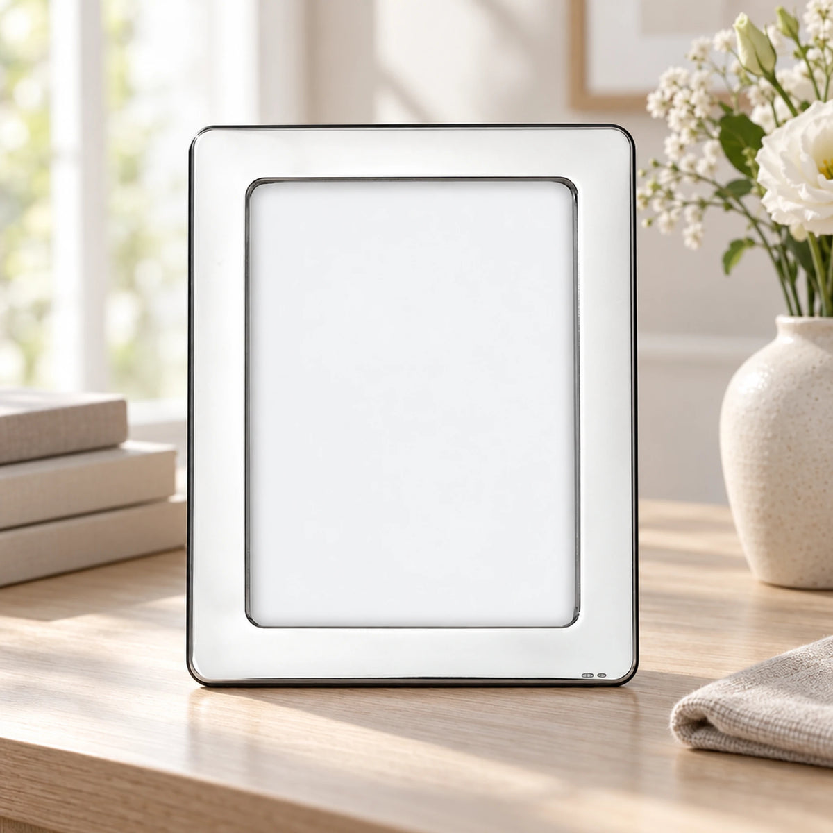 Bilderrahmen 925 Silber Modell Lyon, 13×18 cm — Lifestyle-Setting auf heller Kommode