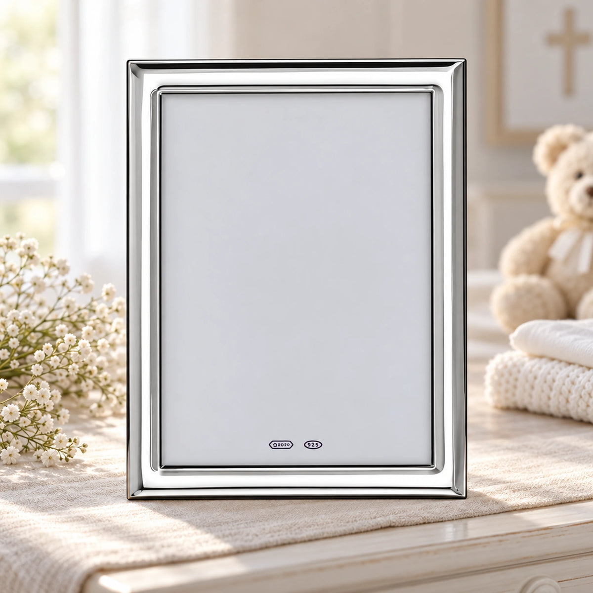 Bilderrahmen 925 Silber Modell Wien, 15×20 cm — Lifestyle-Setting, Geschenk zur Taufe