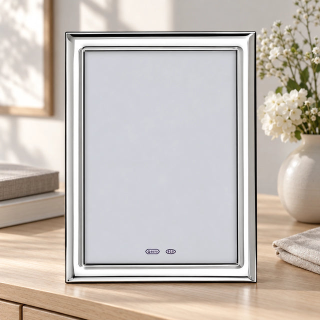 Bilderrahmen 925 Silber Modell Wien, 15×20 cm — Lifestyle-Setting auf heller Kommode