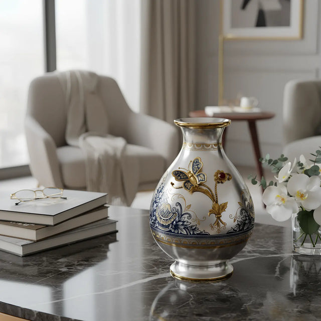 Blumenvase 925 Silber – Niello & Vergoldung mit Granat | Schmetterling - Design