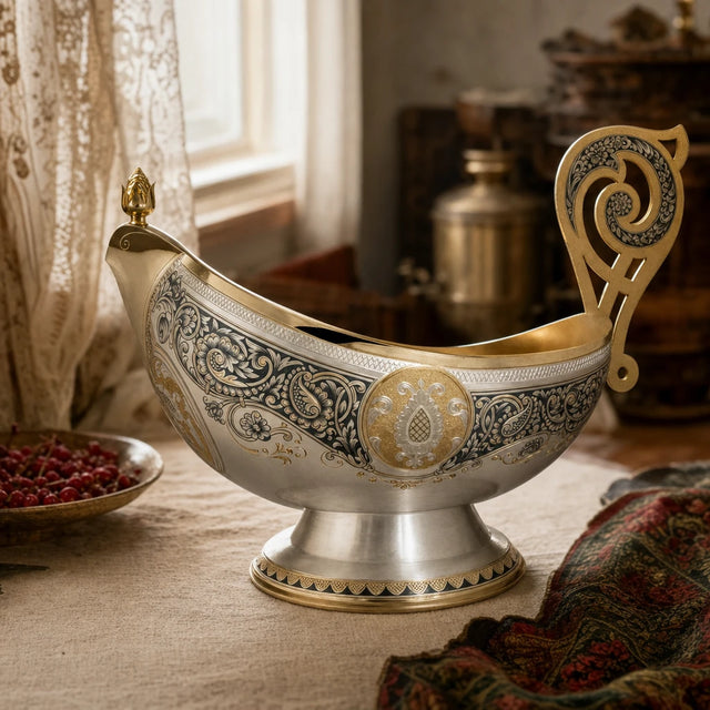 Bratina-Schale 925 Silber vergoldet mit Niello-Ornamenten und Volutengriff — russisches Premium-Tafelsilber von SevChern