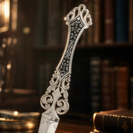 Detail des Filigran-Griffs am Brieföffner 925 Silber mit Niello-Blütenfeld im Gegenlicht — Lifestyle
