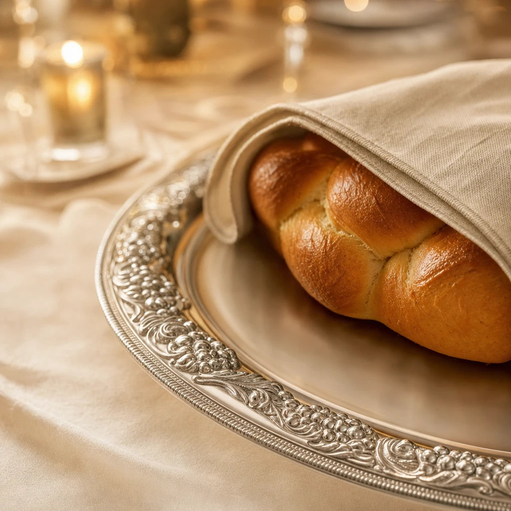 Ziselierter Rand der Challah-Platte aus 925 Silber mit Challah unter einem Leinentuch — Lifestyle