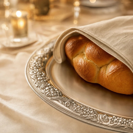 Ziselierter Rand der Challah-Platte aus 925 Silber mit Challah unter einem Leinentuch — Lifestyle