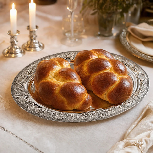 Challah-Platte aus 925 Silber mit zwei geflochtenen Challot auf festlich gedeckter Tafel — Lifestyle