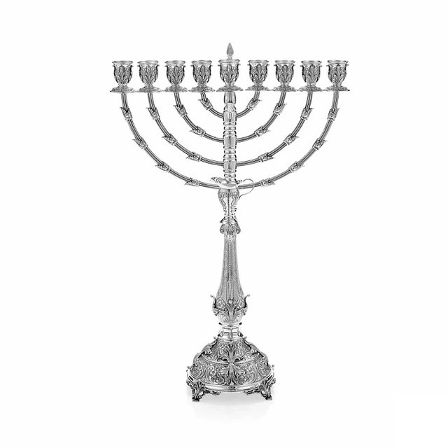 Chanukkia 925 Silber Signature Zaramella — neun Tüllen, Schammasch erhöht, ziselierter Rundfuß