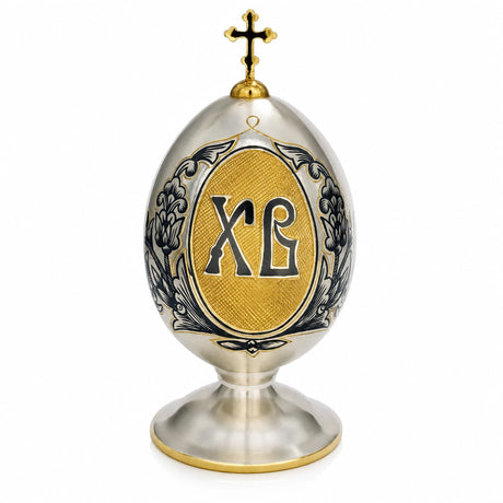 Osterei 925 Silber Niello vergoldet mit Kreuz — Ei mit Ornament und Christus-Monogramm auf Sockel, Ostergeschenk
