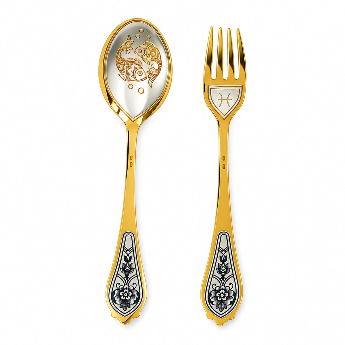 Dessertbesteck Fische 925 Silber vergoldet: Löffel mit zwei gegenläufigen Fischen, Gabel mit Symbol, Niello-Blüten