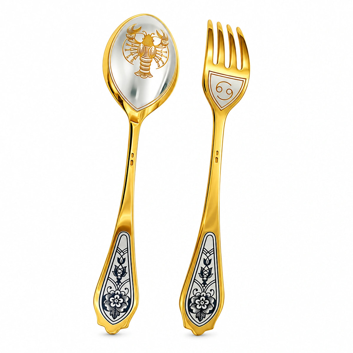 Dessertbesteck Krebs 925 Silber vergoldet: Löffel mit Krebs und erhobenen Scheren, Gabel mit Symbol, Niello-Blüten