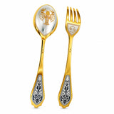 Dessertbesteck Krebs 925 Silber vergoldet: Löffel mit Krebs und erhobenen Scheren, Gabel mit Symbol, Niello-Blüten