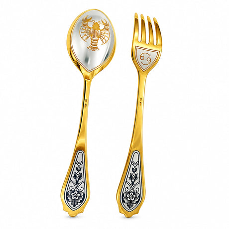 Dessertbesteck Krebs 925 Silber vergoldet: Löffel mit Krebs und erhobenen Scheren, Gabel mit Symbol, Niello-Blüten