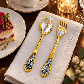 Dessertbesteck Sternzeichen Krebs aus 925 Silber vergoldet neben einem Dessertteller mit Torte – vergoldetes Krebs-Bild im Löffel, Symbol auf der Gabel