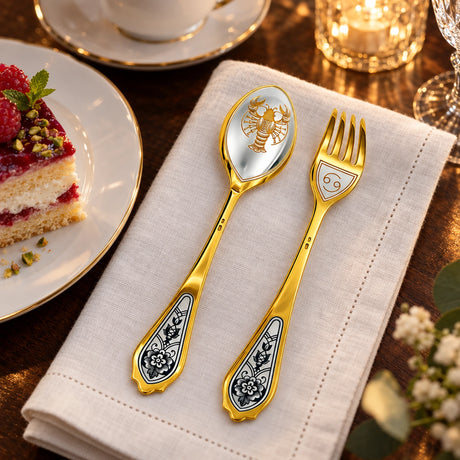 Dessertbesteck Sternzeichen Krebs aus 925 Silber vergoldet neben einem Dessertteller mit Torte – vergoldetes Krebs-Bild im Löffel, Symbol auf der Gabel