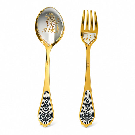 Dessertbesteck Löwe 925 Silber vergoldet: Löffel mit Löwenbild in der Laffe, Gabel mit Symbol, Niello-Blüten am Griff