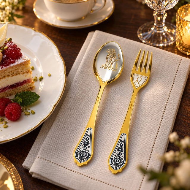 Dessertbesteck Sternzeichen Löwe aus 925 Silber vergoldet neben einem Dessertteller mit Torte – vergoldetes Löwe-Bild im Löffel, Symbol auf der Gabel