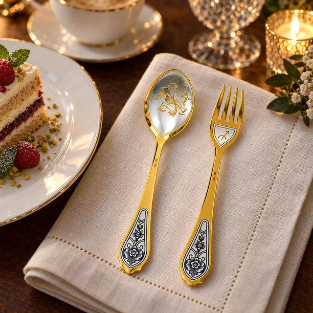 Dessertbesteck Sternzeichen Schütze aus 925 Silber vergoldet neben einem Dessertteller mit Torte – vergoldetes Schütze-Bild im Löffel, Symbol auf der Gabel